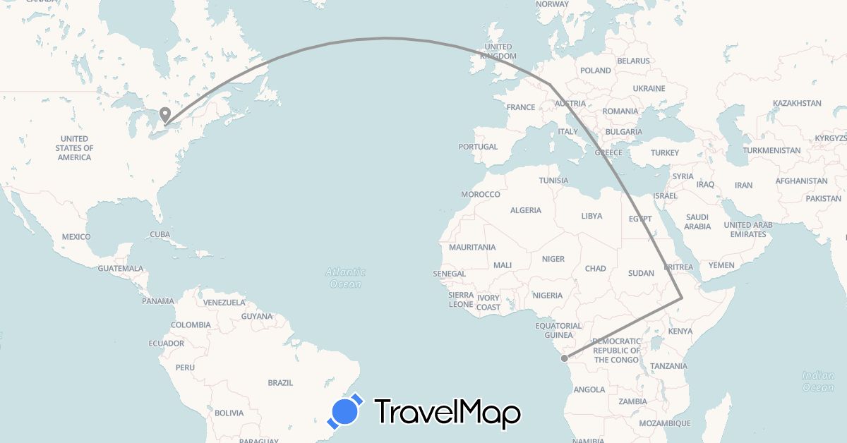 TravelMap itinerary: driving, plane in Canada, Republic of the Congo, Germany, Ethiopia (Africa, Europe, North America)