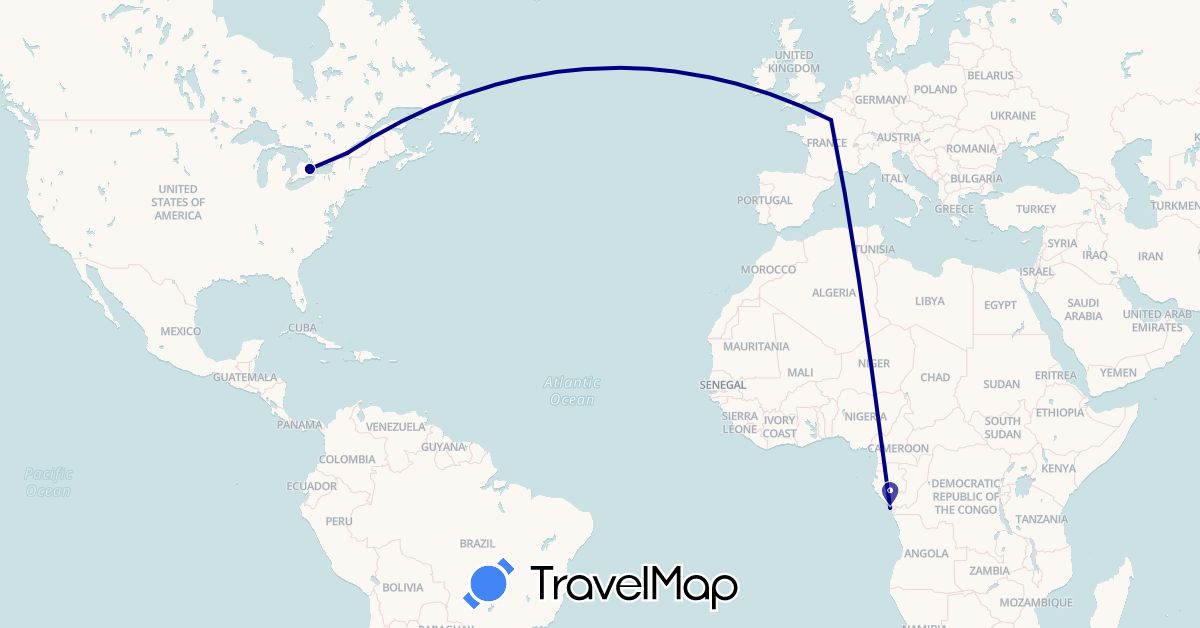 TravelMap itinerary: driving in Canada, Republic of the Congo, France (Africa, Europe, North America)